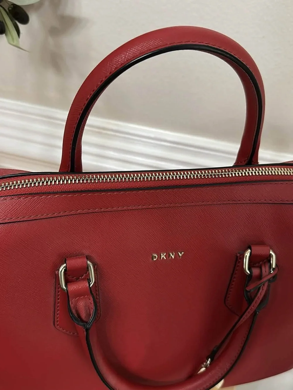 Inspired DKNY Red Pebbled Leather Dome Satchel with Charm Accent